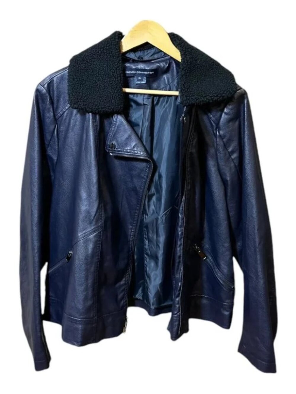 French Connection Faux Leather Moto Jacket Size X-Large Navy